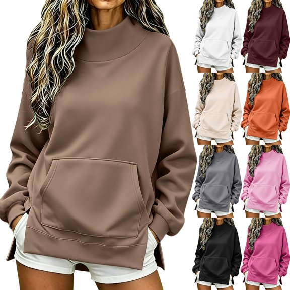 Pumxq Mock Neck Sweatshirt, Turtleneck Sweatshirt, Side Slit, Mock Crew Neck Sweatshirt, Oversized Pullover, Turtleneck Pullover, Casual Fall Outfits 2026 Beige S