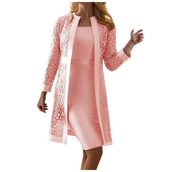 Women's Fashion Elegant Dresses Sets Long Sleeve Hollow Out Lace Cardigans Formal Dress Party Dress Knee Length Evening Dress Two Piece Set