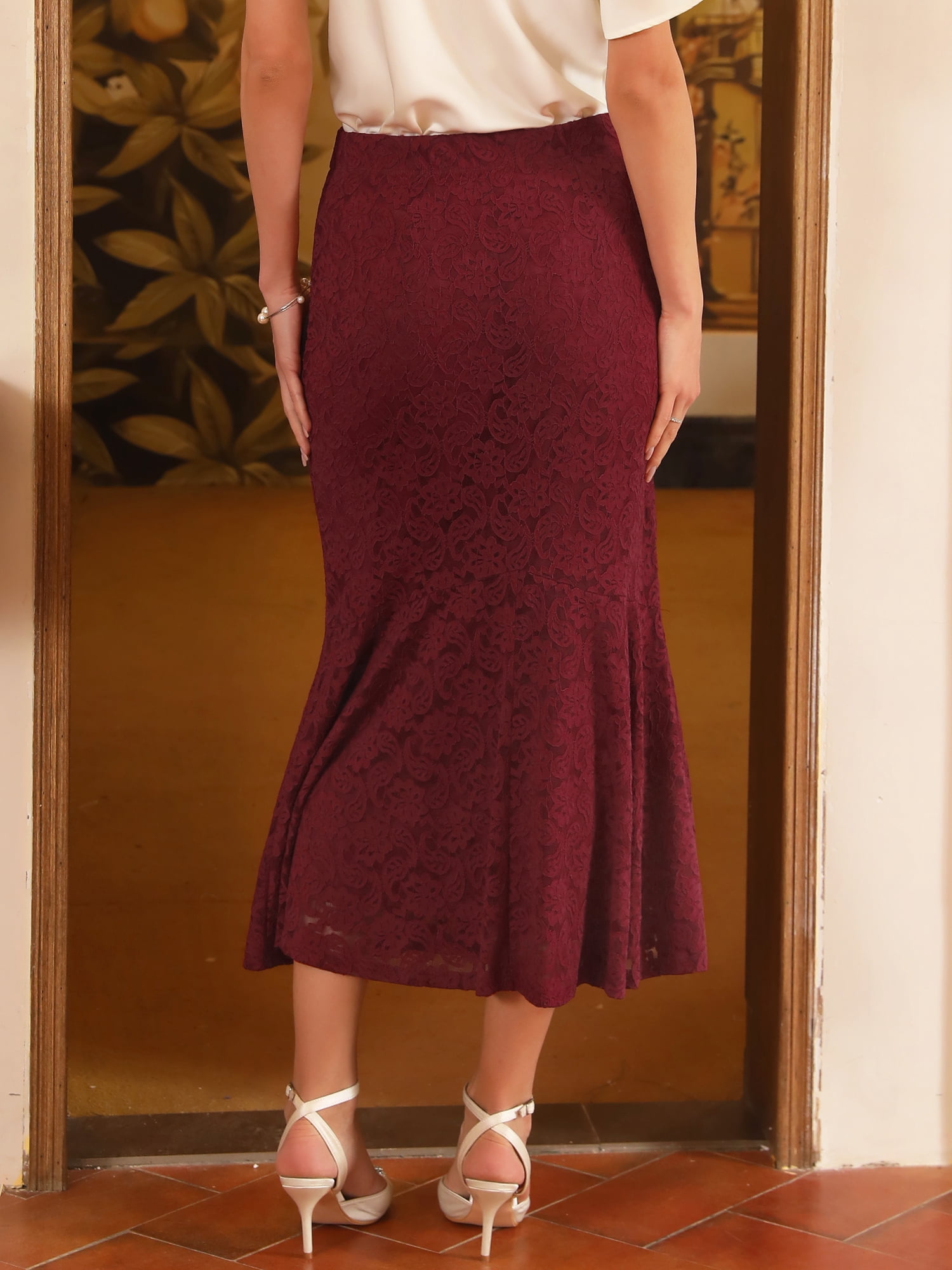 DARING DIVA Women's Lace Ruffle Hem Midi Mermaid Skirts S Wine Red