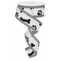 1.5" Paw Print Thin Stripe Ribbon: White  Black (10 Yards)