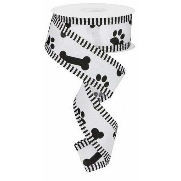 1.5" Paw Print Thin Stripe Ribbon: White  Black (10 Yards)