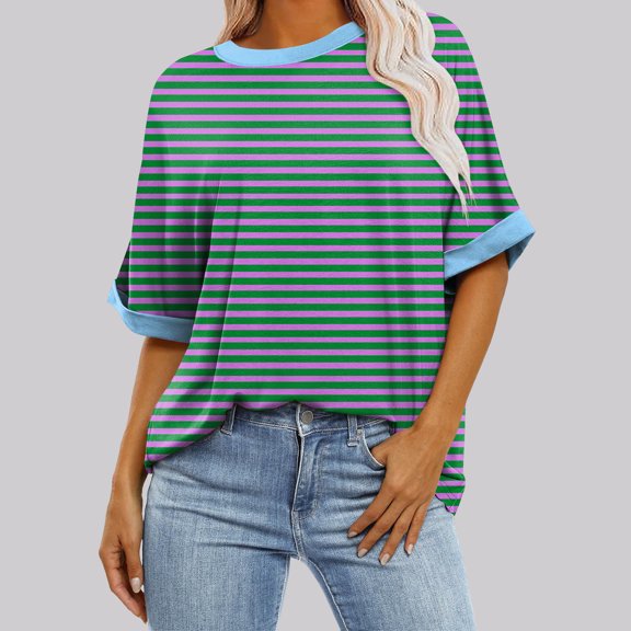 Conairie Women Short Sleeve Shirts Casual Stripe Loose Crew Neck Tunic Tops Fashion Elegant Lightweight Work Tee Pullover Outfits Blue L