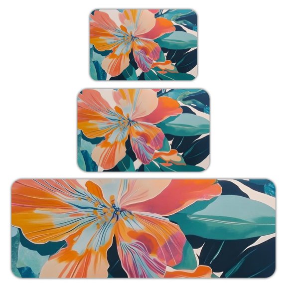 RKSupls Kitchen Rug Set 3 Piece Anti-Slip Flannel Floor Mats, Orange Tropical Flower Washable Absorbent Runner Mats for Kitchen Bathroom Home Decor