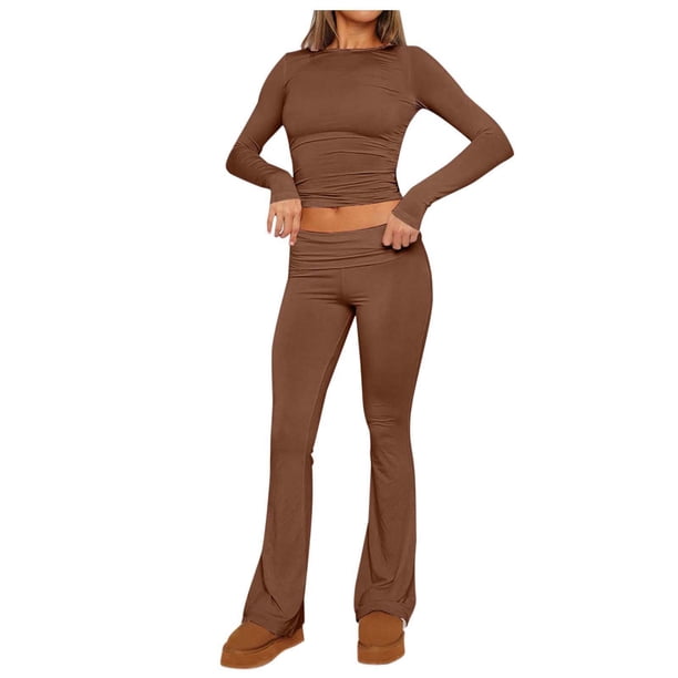 Conjunto informal de mujer de camiseta de manga larga y leggings acampanados de cintura baja - 92 % mezcla de viscosa, ajuste elástico, yoga/lounge/comodidad para todo el día