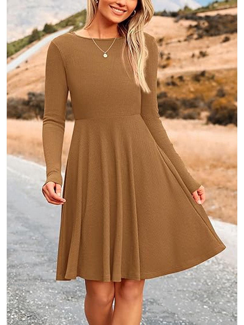 simple beautiful dresses for ladies Prettygarden Women's Spring Fall Short Dress Ribbed Knit Crewneck Long Sleeve A Line Flowy Casual Elegant Going Out Dresses, Size: Small, Brown