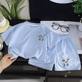 thumbnail image 2 of Akiihool Baby Boy Summer Clothes Toddler Kids Baby Boy Summer Clothes 2T 3T 4T 5T Vehicles Letter Print Short Sleeve Tops Camouflage Shorts Outfits(Sky Blue,12-18 Months), 2 of 7