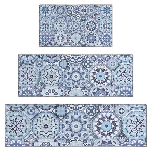 Lue Ethnic Geometric Pattern Kitchen Rugs Sets Of 3,Kitchen Runner Rugs Non Skid Washable,Decorative Kitchen Floor Mats for Kitchen,Sink,Laundry,17"x30" 17"x47" 17"x59"