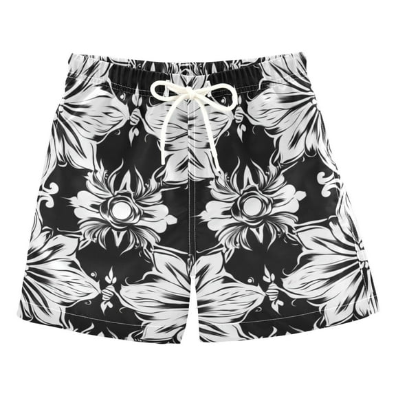 Pretty Floral Black and White Boys Swim Trunks Quick Dry Boy Swim Shorts for 3-14 Years