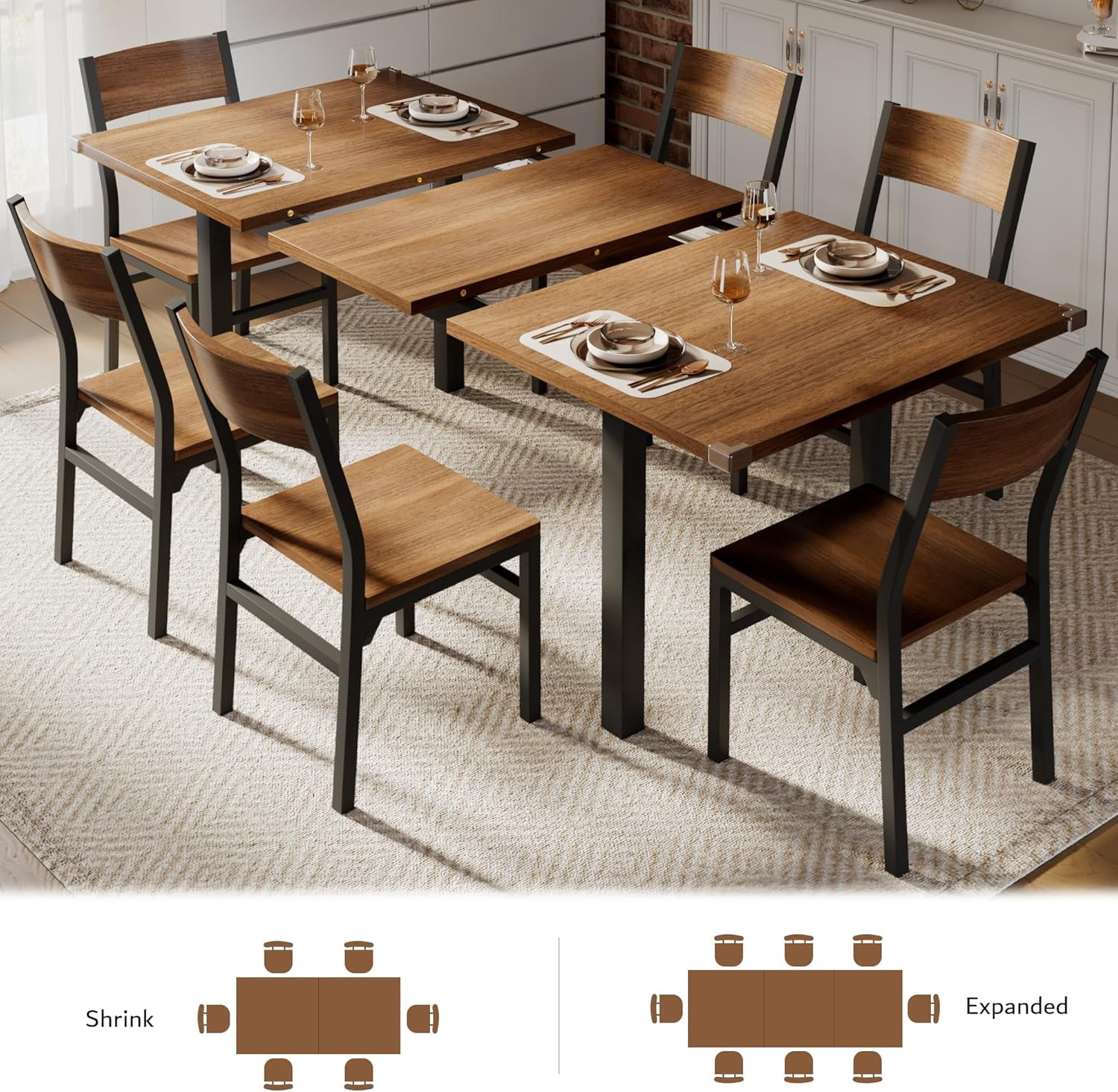 iPormis 63" Extendable Dining Table for 4-8, Square Wooden Dining Room Table with Metal Base, Modern Extendable Table for  Small Kitchens, Dining Office Areas, Walnut