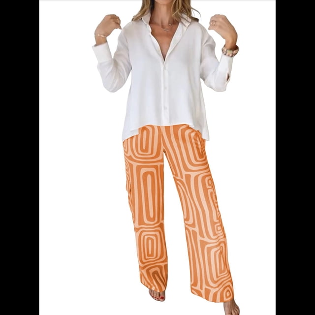 Conjunto de Dos Piezas para Mujer, con Estampado Geométrico, Pantalones de Cintura Alta y Camisa Sencilla. Color Naranja M