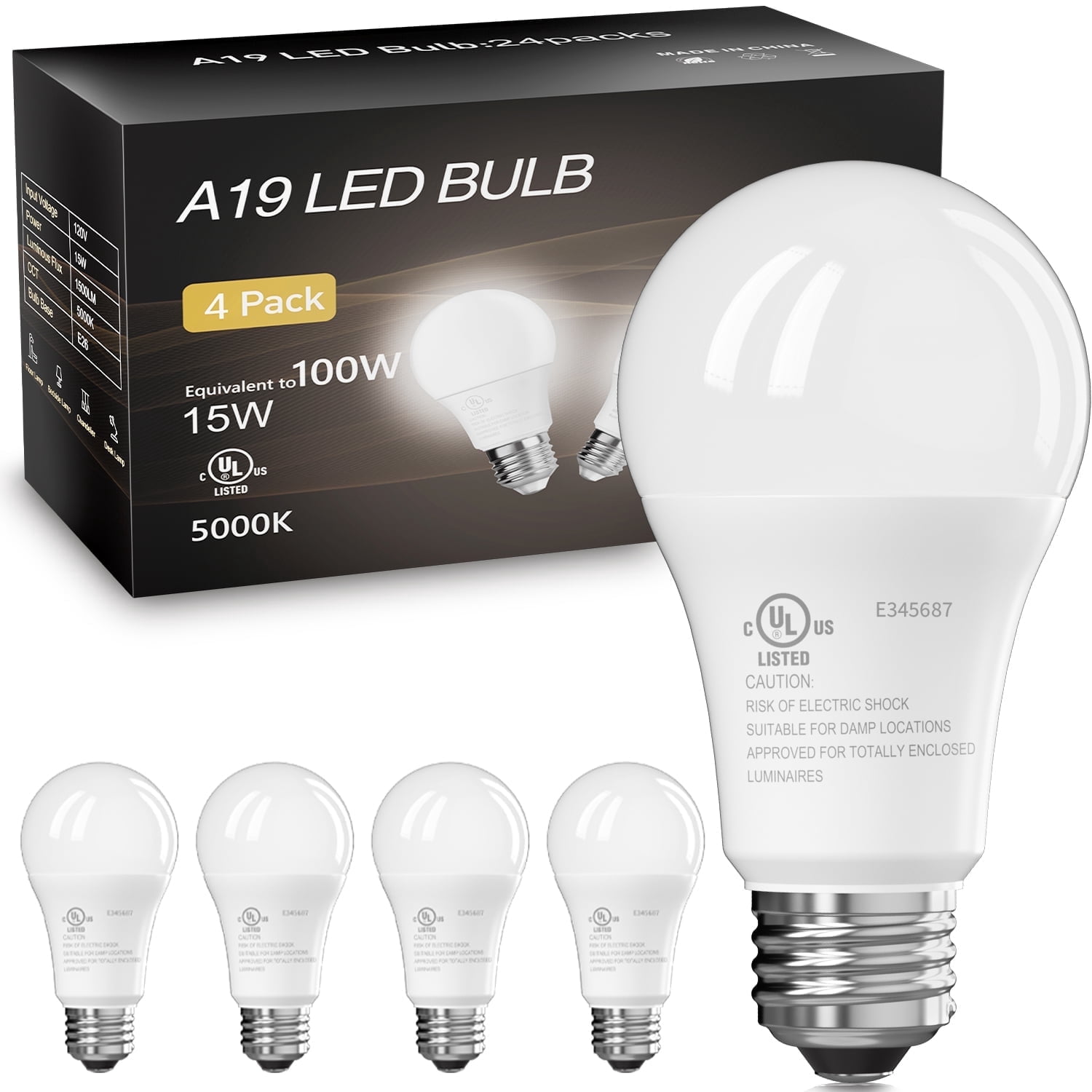 DAYBETTER A19 LED Light Bulbs, 100W Equivalent,5000K Daylight, 15W 1500 Lumens,E26 Standard Base,UL Listed,Lighting for Bedroom Living Room Home Office,4 Pack