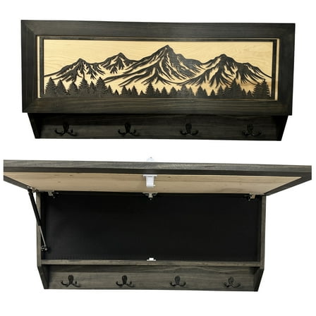 Secure Gun Cabinet with Rustic Mountain Theme Black and Natural Wood Coat Rack