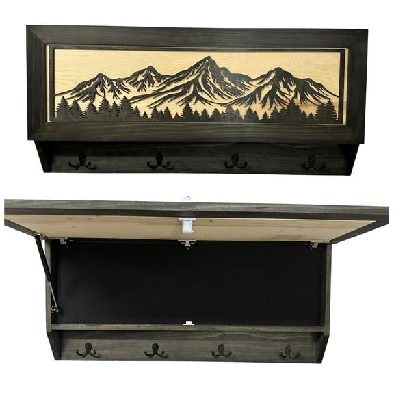 Secure Gun Cabinet with Rustic Mountain Theme Black and Natural Wood Coat Rack