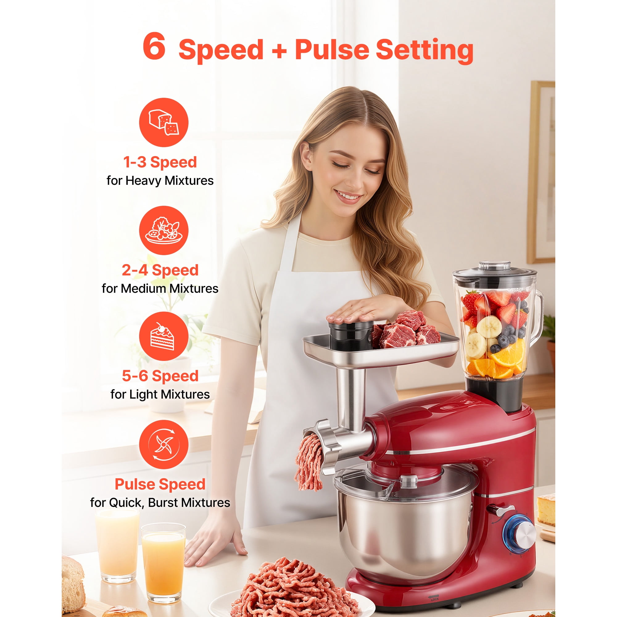 KFFKFF 6 QT Electric Kitchen Mixer with 660W Motor, Tilt-Head Design, 6+P Speeds, Includes Stainless Steel Bowl, Blender Cup, Dough Hook, Whisk, and Beater for Baking and Mixing, Red