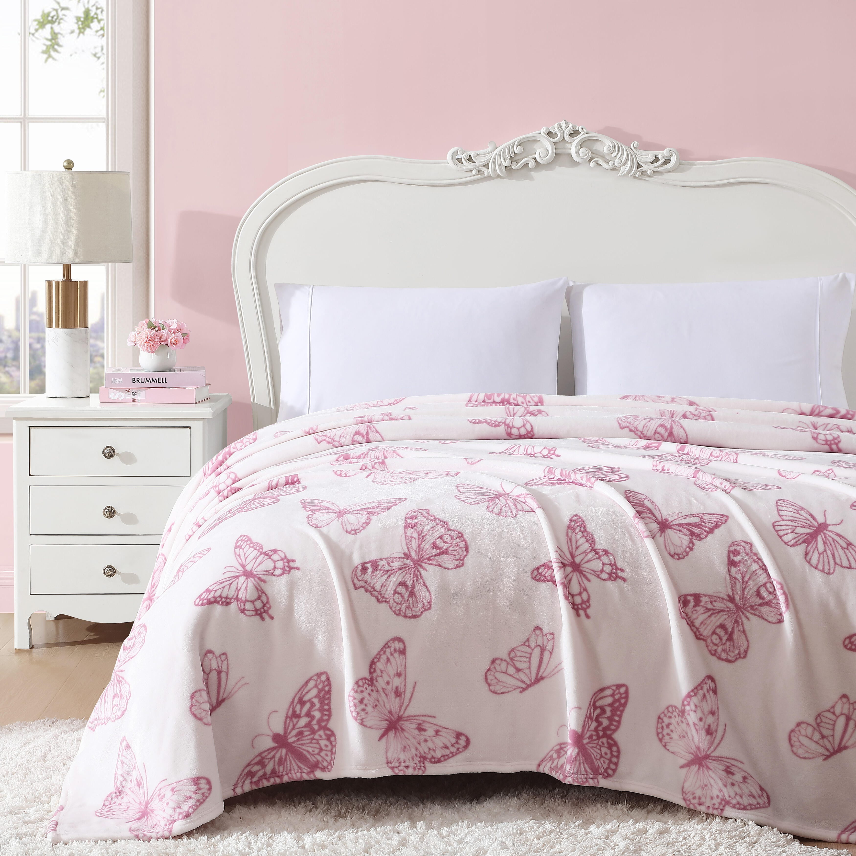Betsey Johnson Malachite Butterfly Light Pink & Sea Pink Twin Bed Blanket, Soft Cozy Bedroom Blanket, Machine Washable