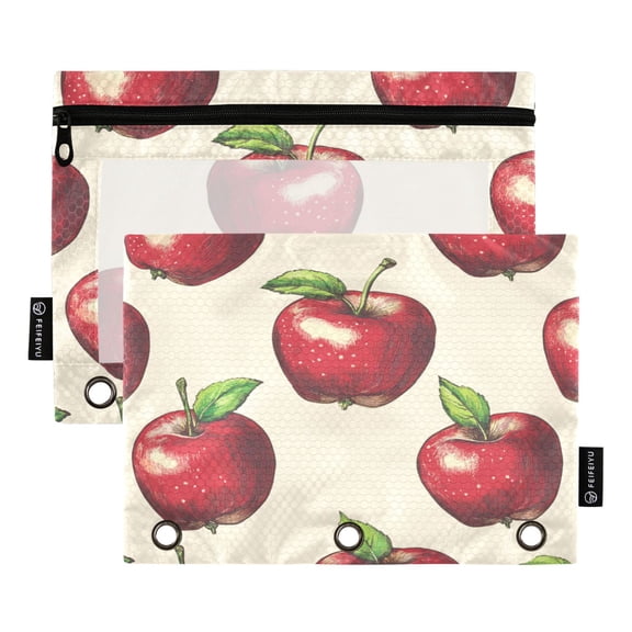 2 Pack 3 Ring Binder Pouch with Clear PVC Window Water Resistant Zipper Pencil Pouch Red Apple Pattern Binder Pocket for Classroom Office Home Stationery Organization