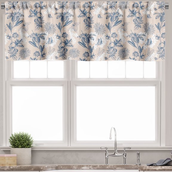 Ambesonne Floral Valance Pack of 2, Retro Flowers Butterflies, 54"X12", Slate Blue Pale Eggshell