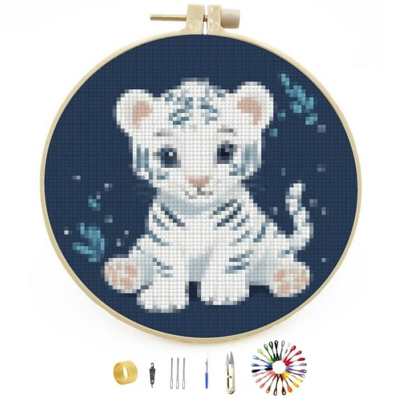 Cute Baby White Tiger Stamped Cross Stitch Kits for Beginners with Hoop Simple Patterns 11CT Counted Embroidery Needlepoint Crafts Arts for DIY Enthusiasts and Home Decor 26x26cm(1)