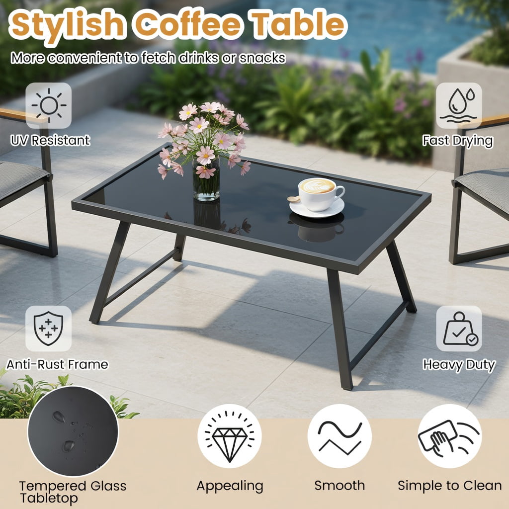 Hommoo 4-Piece Modern Outdoor Patio Furniture Set, Loveseat, 2 Armchairs & Tempered Glass Coffee Table for Backyard, Poolside & Balcony, Gray