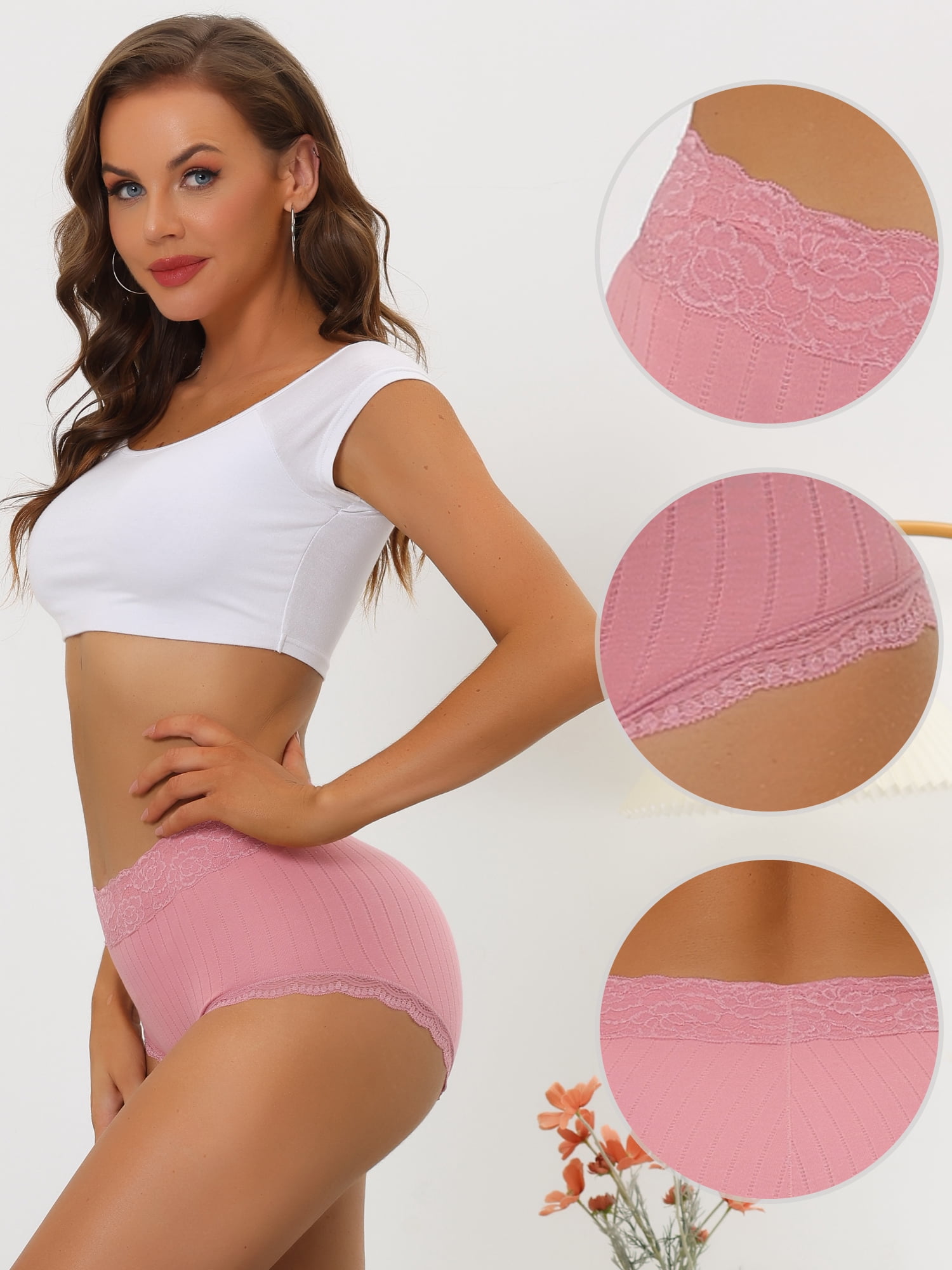 Unique Bargains Women's Tummy Control Lace Trim Ribbed Soft Underwear M Pink