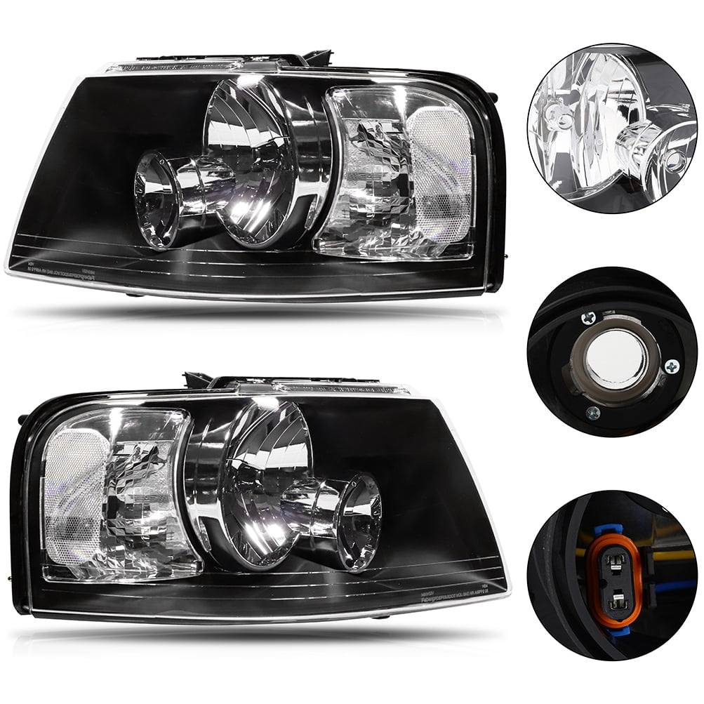 SCITOO Headlight Assembly Fit For 2003 2004 2005 2006 Ford Expedition Headlamp in Black Housing Chrome Reflector Clear Lens