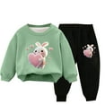 thumbnail image 3 of Jinhomg Toddler Kids Cute Outfit 2 Piece Funny Rabbit Graphic Sweatsuit Boys Girl Comfy Long Sleeve Crewneck Sweatshirt with Cinch Bottom Sweatpants Green 9 Years, 3 of 4