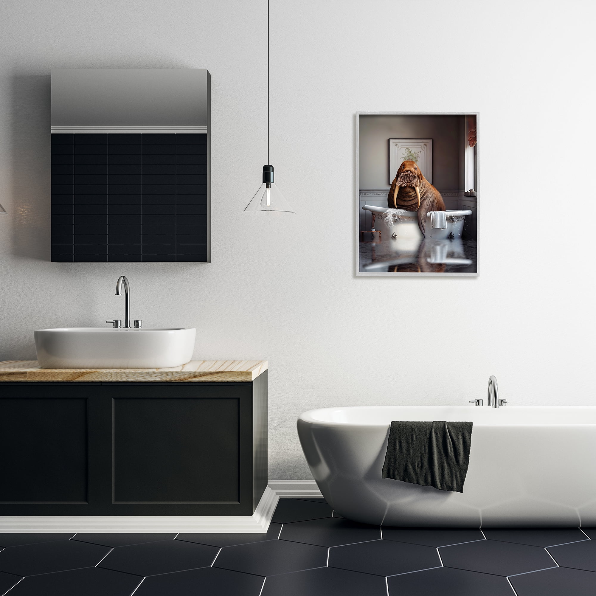 Stupell Industries Walrus in Bathtub Animals & Insects Painting Gray Framed Art Print Wall Art, 24 x 30