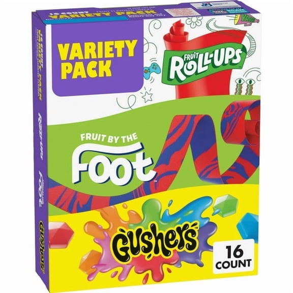 Fruit Roll-Ups, Fruit by the Foot, Gushers, Snacks Variety Pack, 16 Ct, 10.2 oz (Pack of 2)