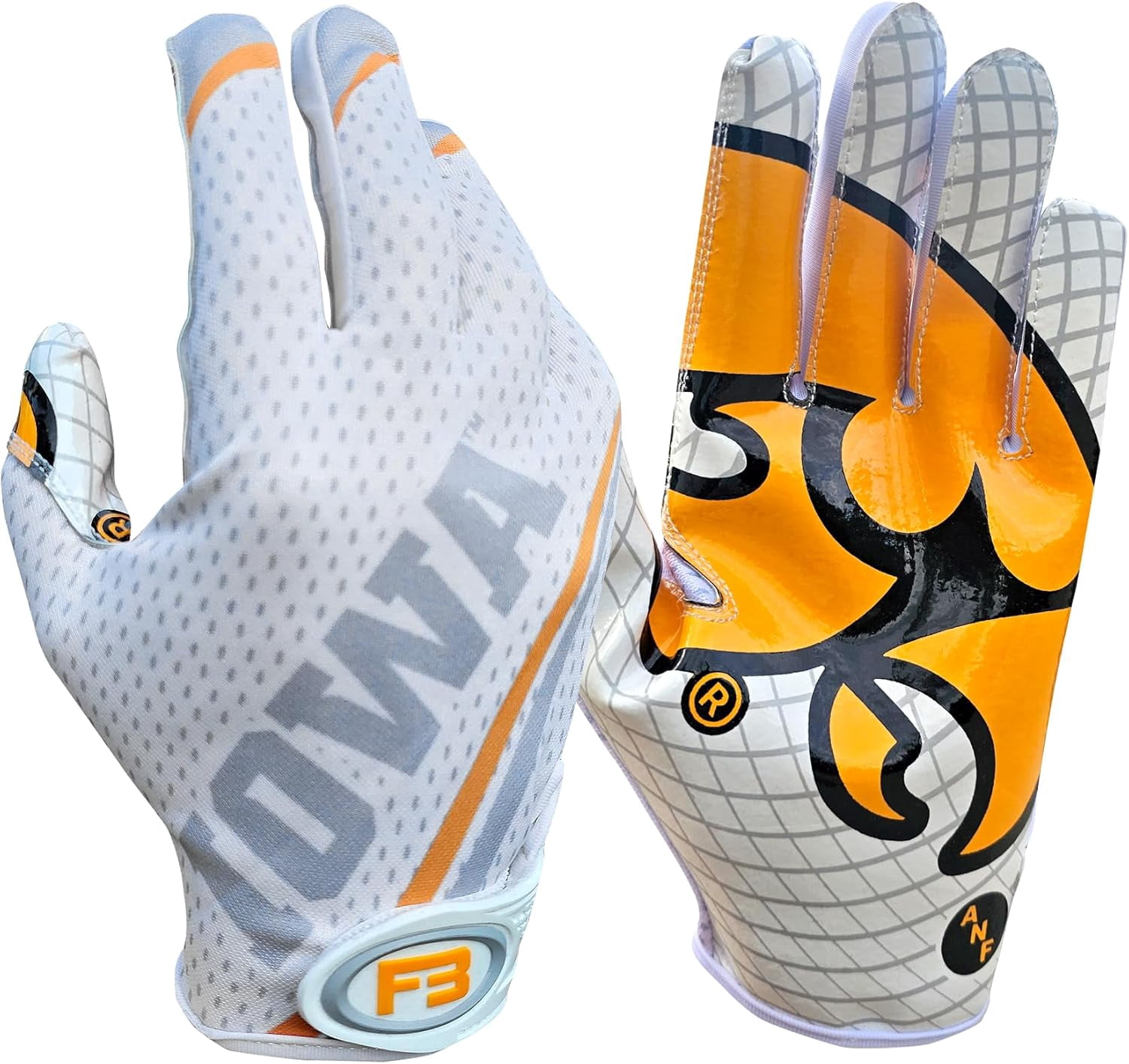 Scale Wear Design University of Iowa Hawkeyes Football Gloves with Super Stick-Tach Silicone Grip Palms. Men's & Youth Boys Sticky Football Receiver Gloves (White, Youth-L)