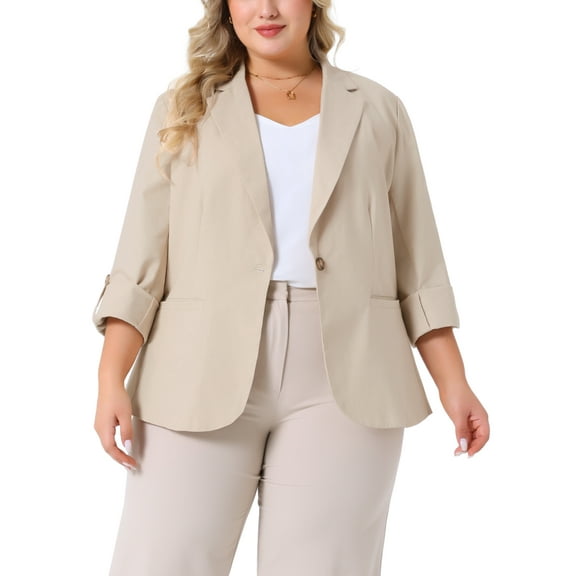 Agnes Orinda Women's Plus Size Blazers Lapel Button Up Linen Office Business Suit Jackets with Pocket 1X Beige