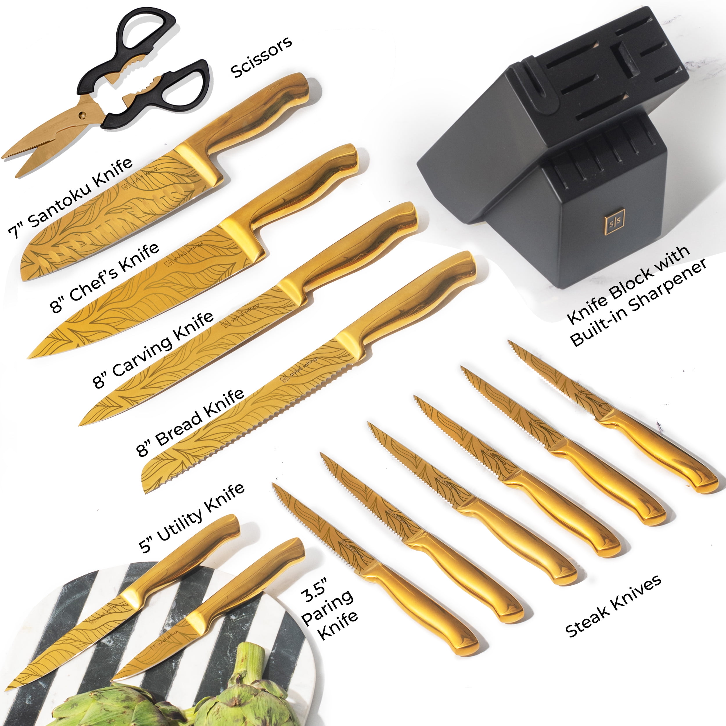 Styled Settings 14-Piece Gold Knife Set with Block and Built-In Sharpener, Titanium-Coated Blades with Leaves Pattern, Black Block