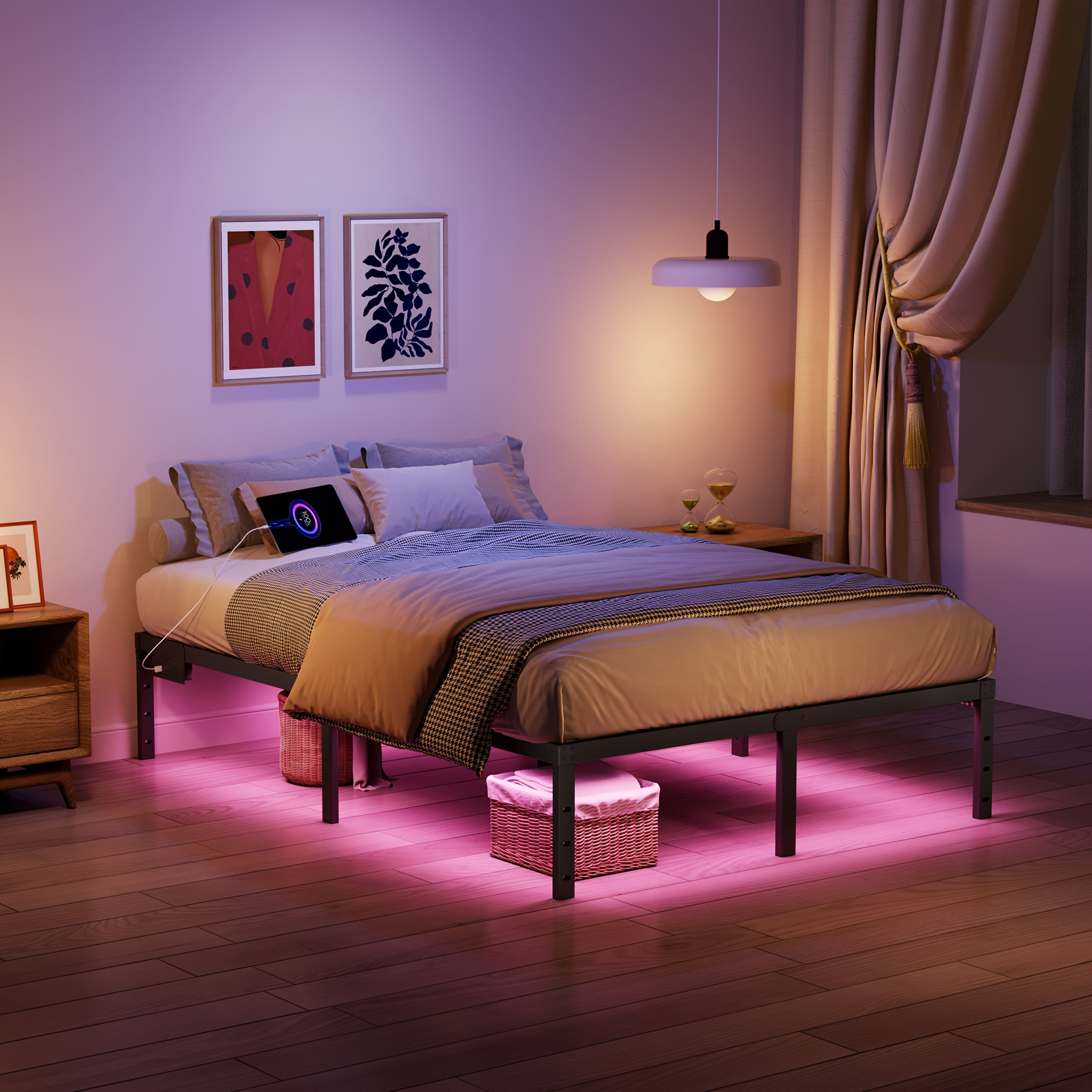 WANTAI 14 inch Queen Heavy Duty Metal Platform Bed Frame with Charging Station and LED Lights, No Box Spring Needed, Easy Assembly, No Noise
