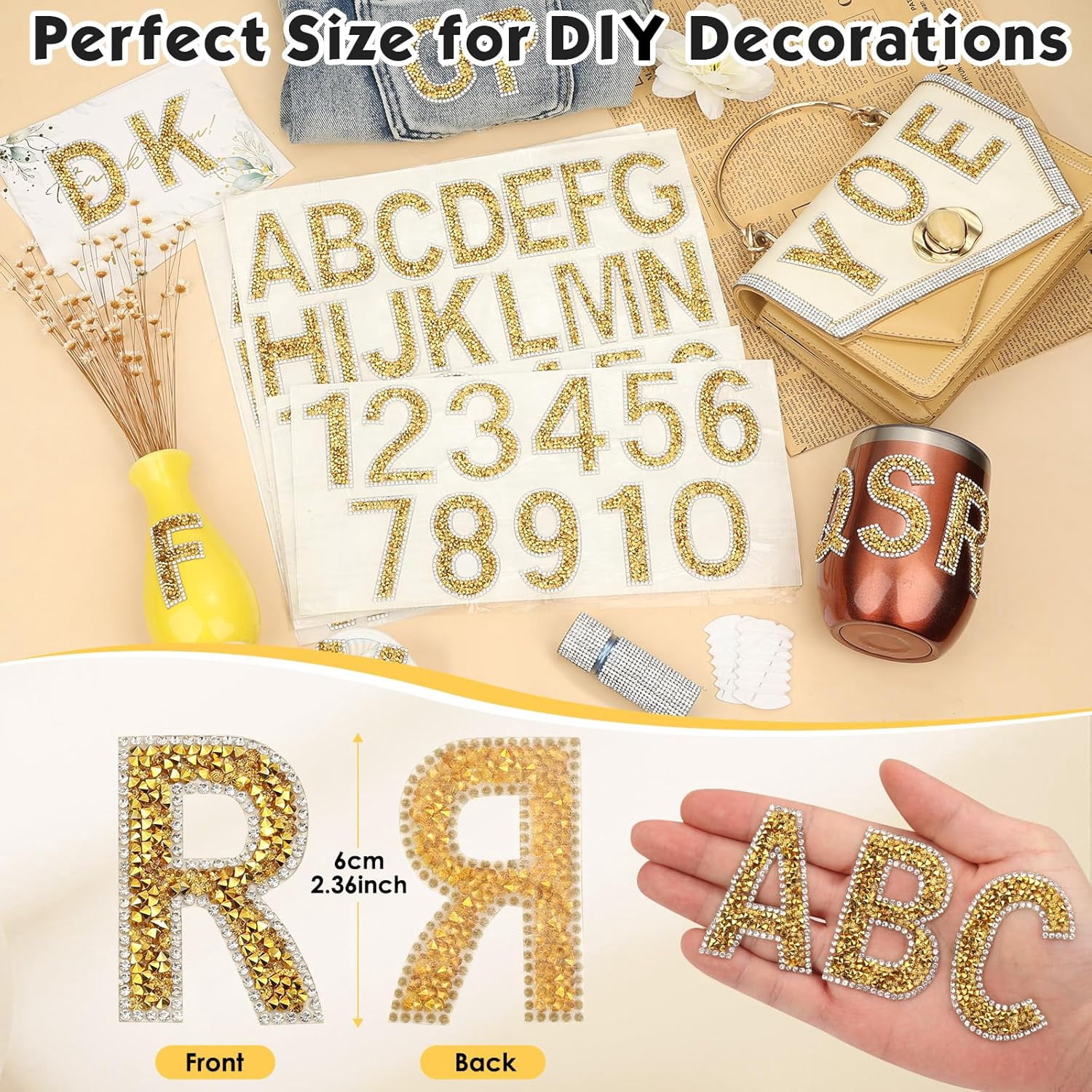 76 PCS Rhinestone Letter Stickers, 2.4 Inch Gold Glitter Alphabet Sticker with Sewing Kits, Self Adhesive A-Z & 0-9 Letter Number Stickers for DIY Arts and Crafts Decor, Clothes, Bags, Hats