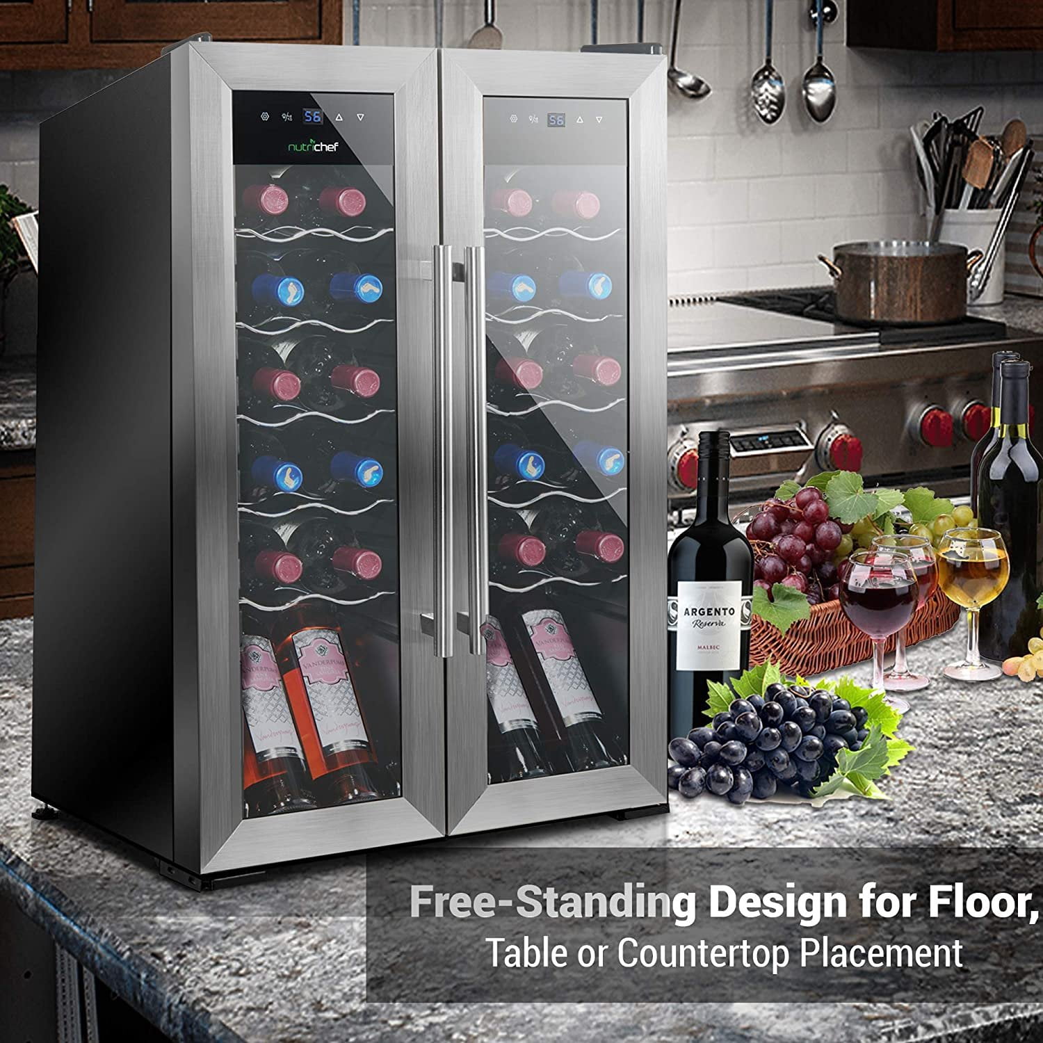 24 Bottle Wine Cooler Refrigerator - White Red Wine Fridge Chiller Countertop Wine Cooler - Freestanding Compact Mini Wine Fridge 24 Bottle w/ Digital Control, Stainless Steel Door - NutriChef PKCWC24