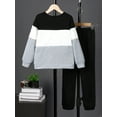 thumbnail image 4 of Mikrdoo Kid Boys Outfits 9 Years Big Boys Pants Set Color Block Letter Graphics Fall Winter Pullover Tops Elastic Pants 2Pcs Clothing From 8Y-14Y Black, 4 of 9