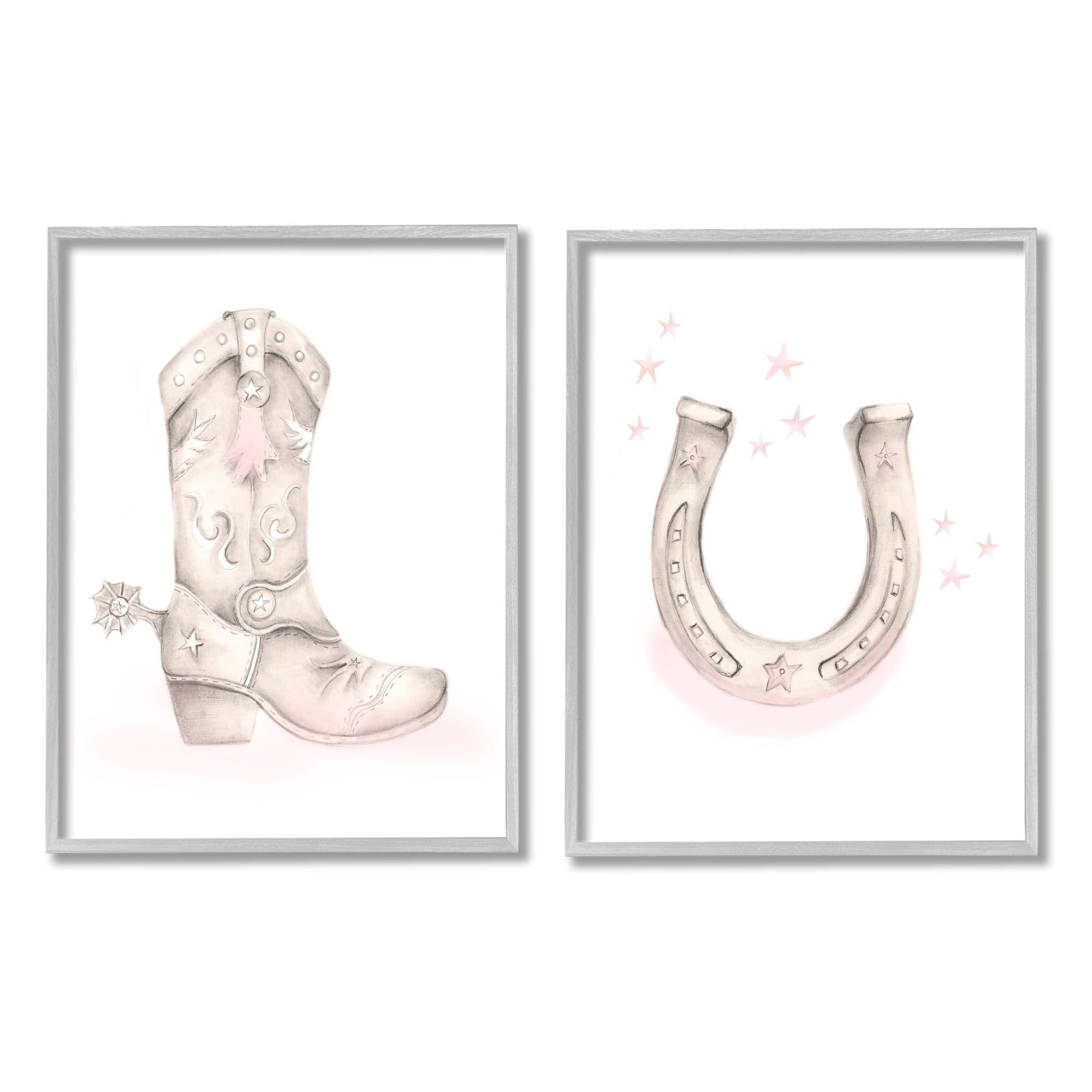 Stupell Industries Cowboy Boot Pink Stars Horseshoe Western Theme Graphic Art Gray Framed Art Print Wall Art, Set of 2, Design by Studio Q