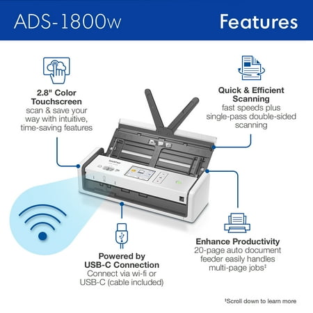 Brother - ADS-1800W Compact Wireless Duplex Desktop Scanner with Single Pass Double-Sided Scanning - White