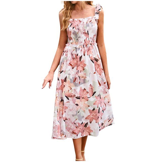 EQWLJWE Robe Longue pour Femmes Robe d'Été Imprimée Sans Manches Col Rond Aguichant Robe de Plage Décontractée Fluide