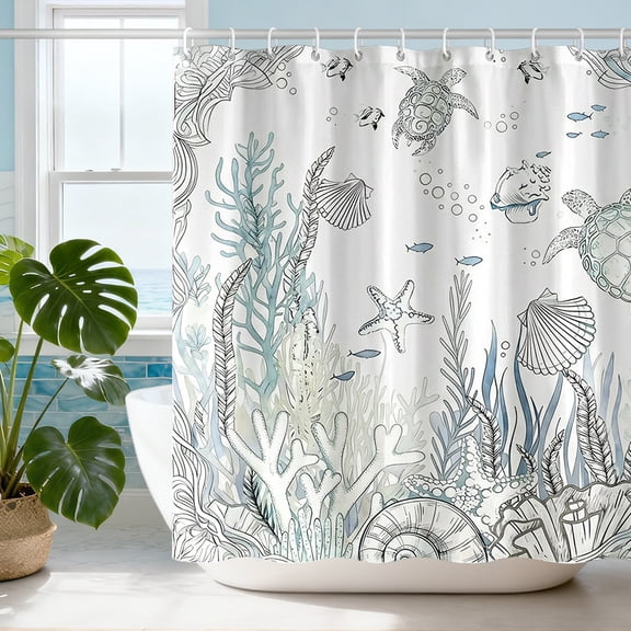 Annvchi Coastal Turtle Shower Curtain Fish Coral Starfish Seashell Blue Ocean Beach Shower Curtains for Bathroom Waterproof Polyester Fabric Bathroom Curtain 72 x 72 Inch with 12 Hooks