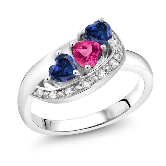 Gem Stone King 925 Sterling Silver Pink Blue and White Created Sapphire Engagement Ring for Women (1.56 Cttw, Gemstone September Birthstone, Heart Shape 4MM, Size 6)