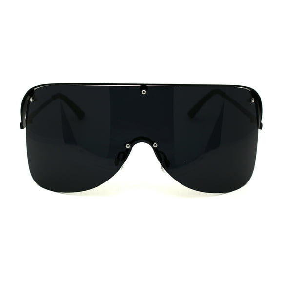 Extra Oversize Flat Top Metal Half Rim Shield Mask Style Sunglasses All Black