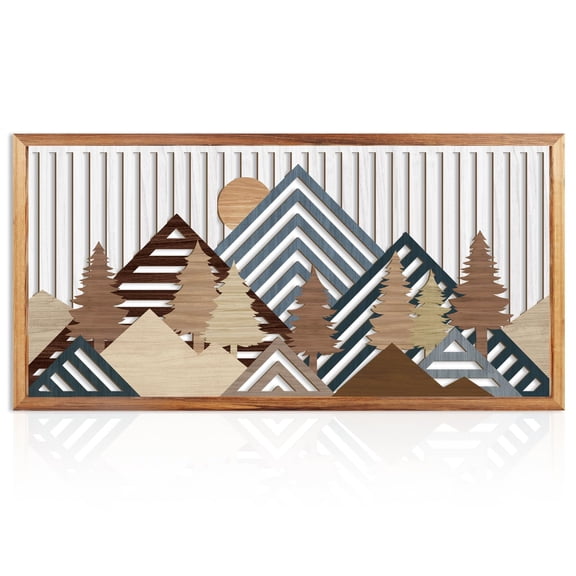 HPNIUB Framed Boho Mountain Wood Wall Art Modern Sun Hollow Decor Nature Scene Set of 3 for Living Room Bedroom Office 16x32 Inch