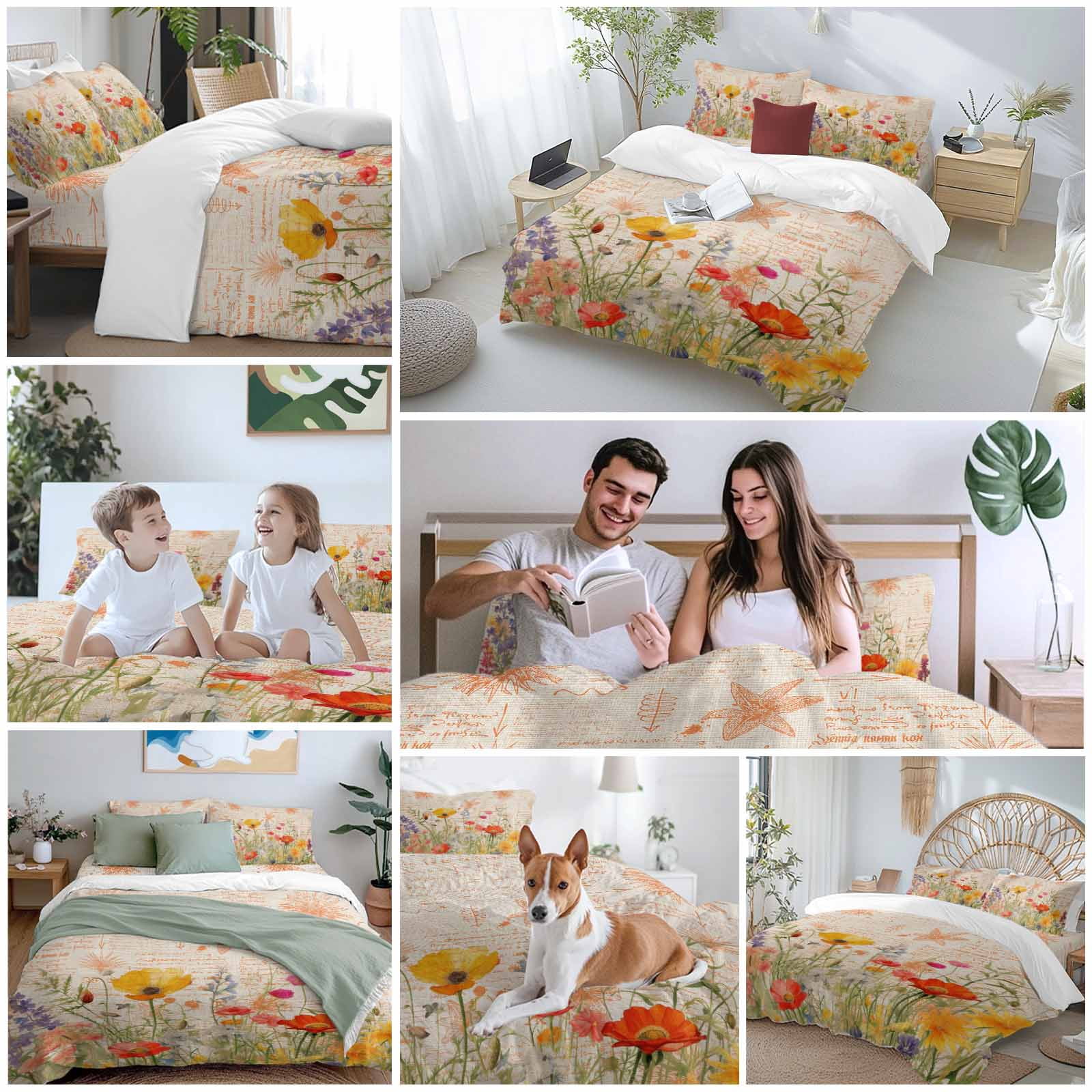 Queen 4 Piece Bedding Set Watercolor Blossom Poppy Flower Soft Breathable Duvet Cover and Pillowcase, Retro Spring Floral Leaves Duvet Cover Set Bed Sheets for Bedroom Dormitory Guest Room