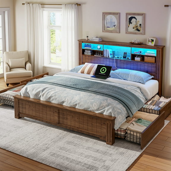 Romorgniz King Bed Frame with 4 Storage Drawers Platform Metal Bed Frame with Storage Headboard & LED & Charge Station, Brown