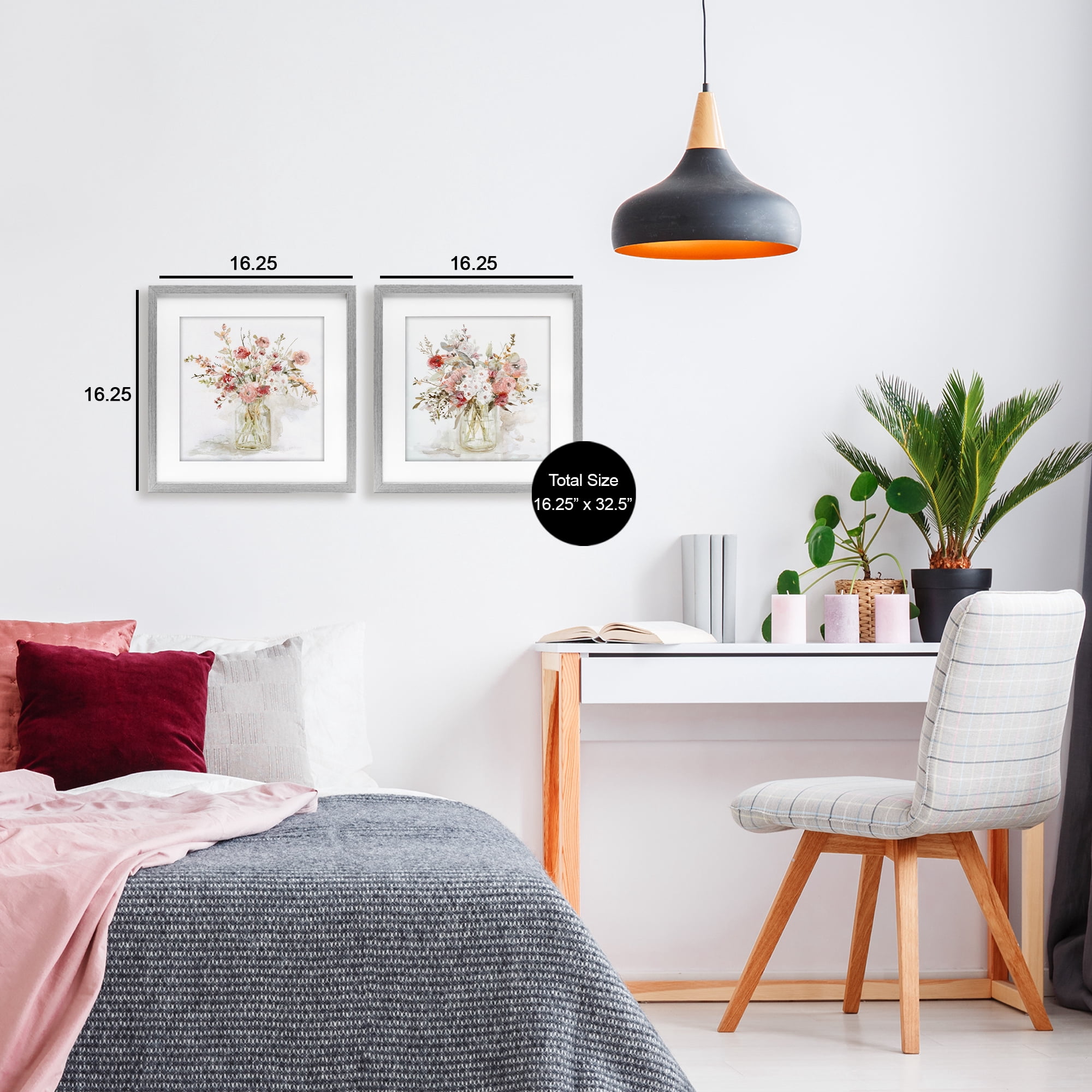 Stupell Industries Delicate Watercolor Bouquets in Glass 2 Piece Gray Framed Print Under Glass Set, design by Carol Robinson