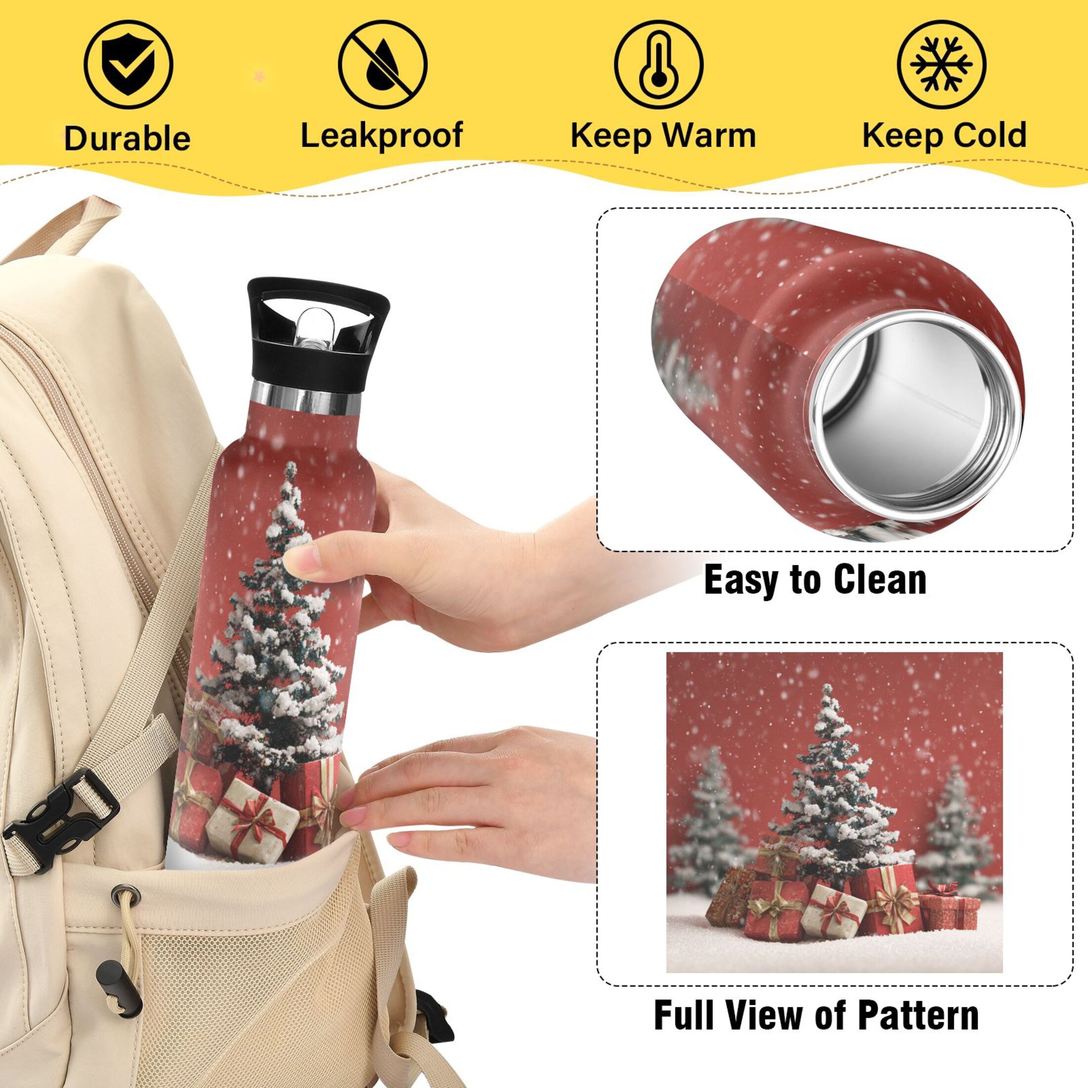 600ML Stainless Steel Insulated Cup Sports Water Bottle Portable Thermos Cup Water Glasses Insulated Tumblers Convenient and Durable 3d Christmas Tree