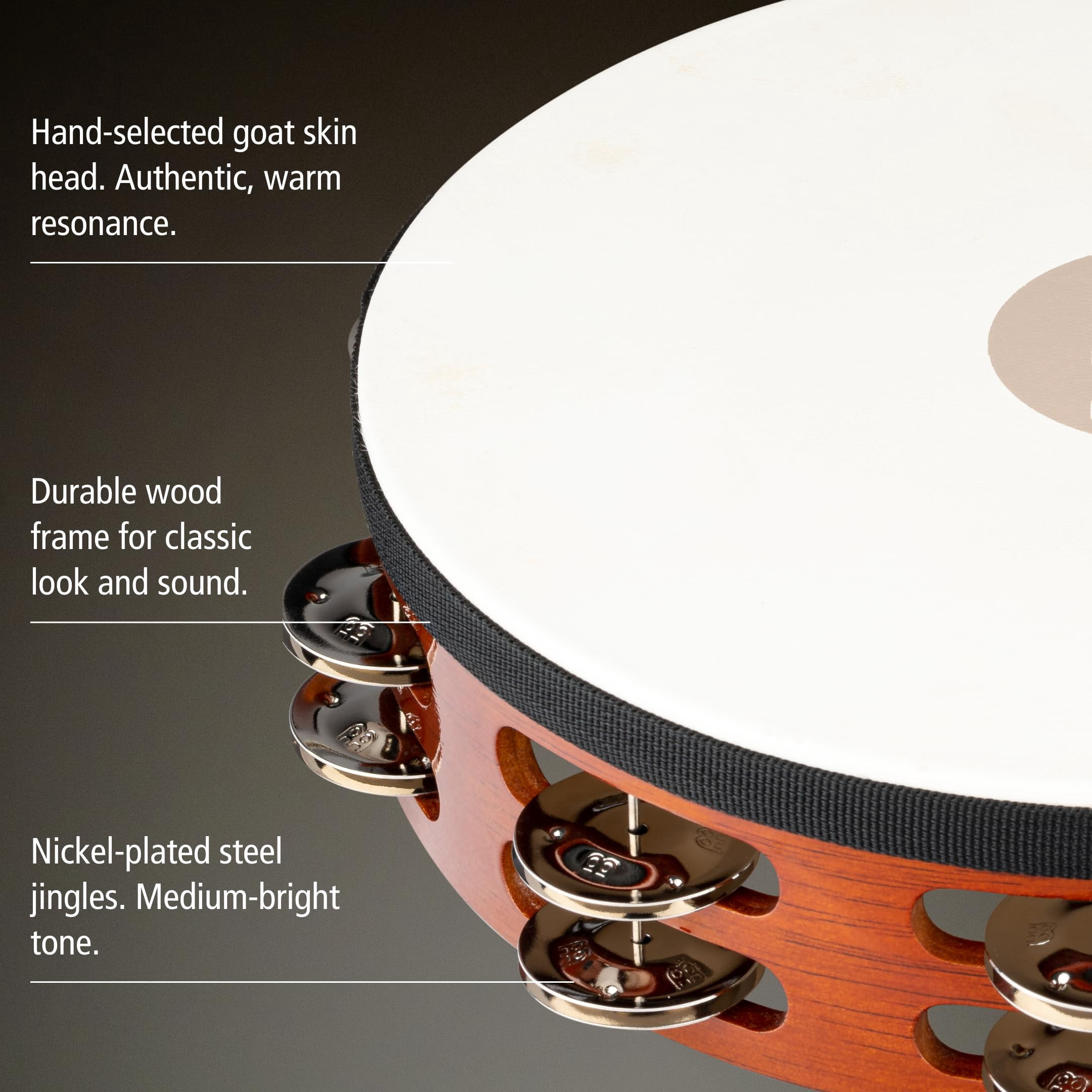 Tah2ab Traditional 10-inch Wood Tambourine With Goat Skin Head And Steel Jingles  2 Row