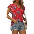 thumbnail image 2 of Blusa con mangas con volantes Top Escote en V Manga corta estampada Blusa ajustada con mangas con volantes para verano Rojo Floral XL, 2 of 6