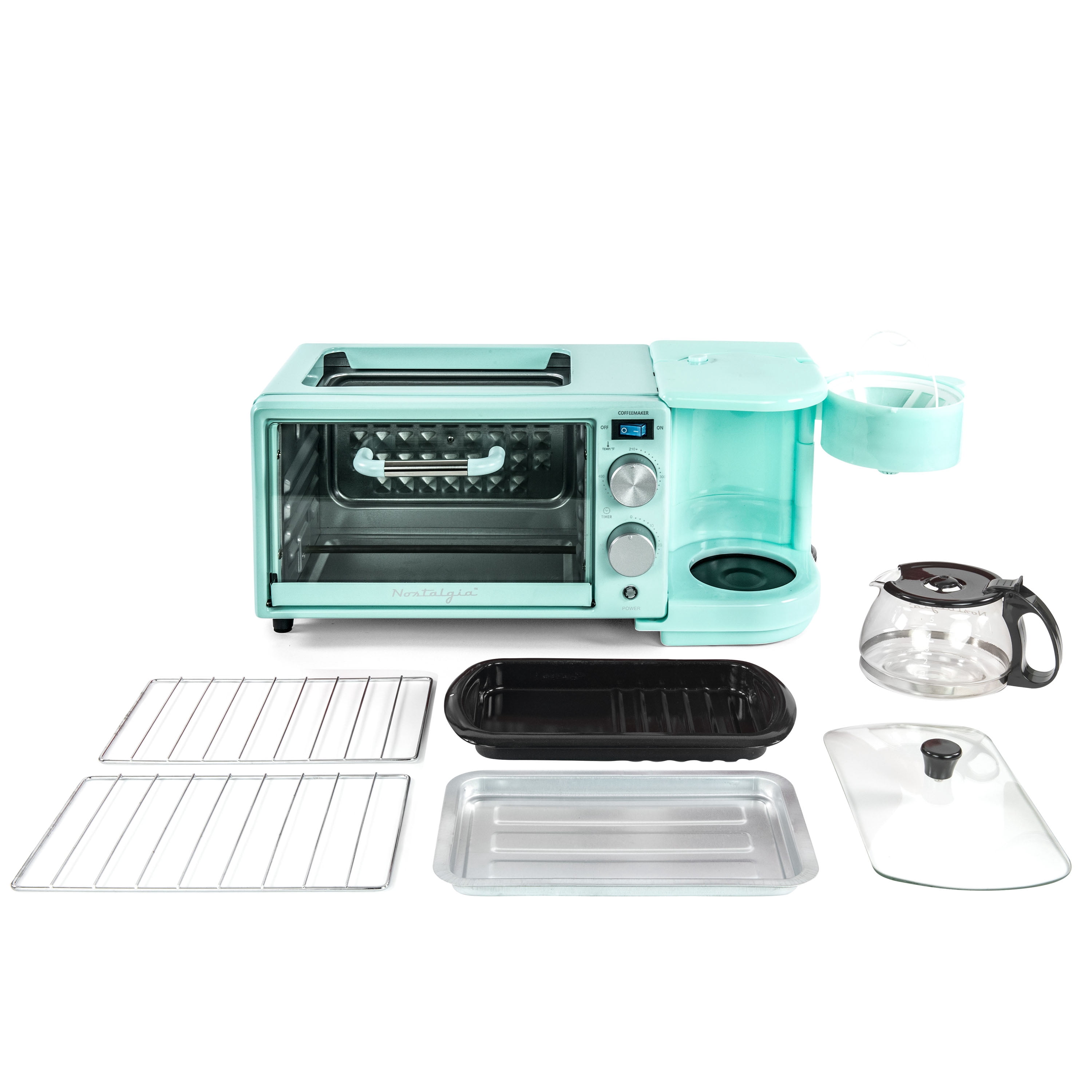 Nostalgia 3-in-1 Retro Breakfast Station - Includes 5 Cup Coffee Maker, Non-Stick Ceramic Griddle, and 4-Slice Toaster Oven - Built-In Timer, Reusable Coffee Filter, Space-Saving Design - Aqua