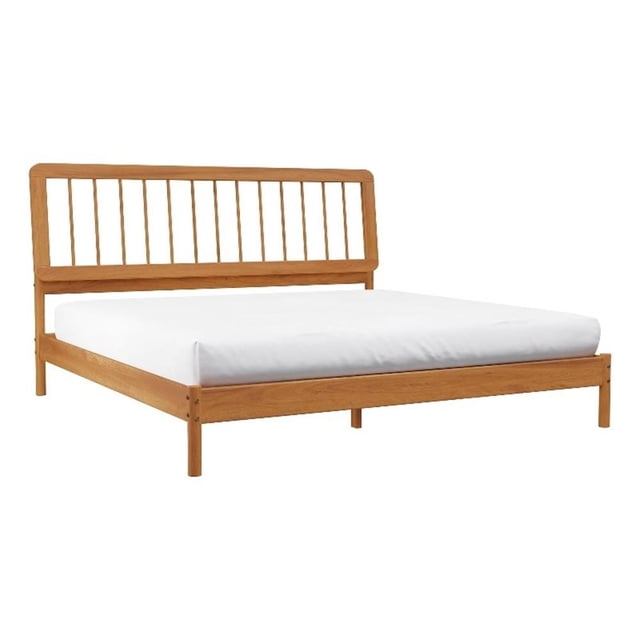 Pemberly Row Mid-Century Solid Wood King Size Bed with Slat-Back in Caramel